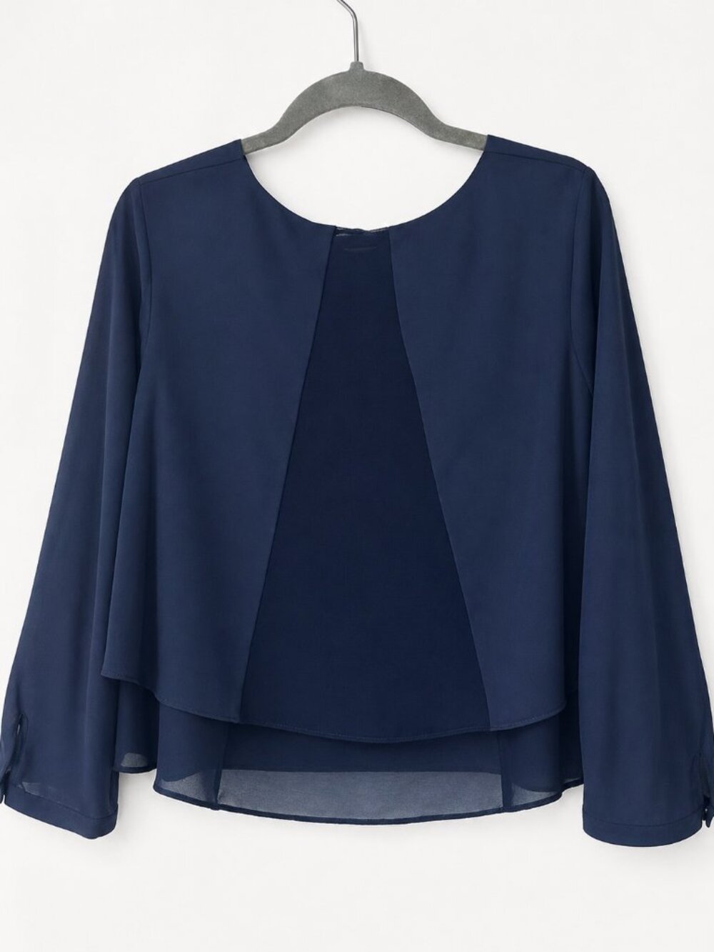 Zara Basic Navy Layered Chiffon Blouse Long Sleeve Flow Top